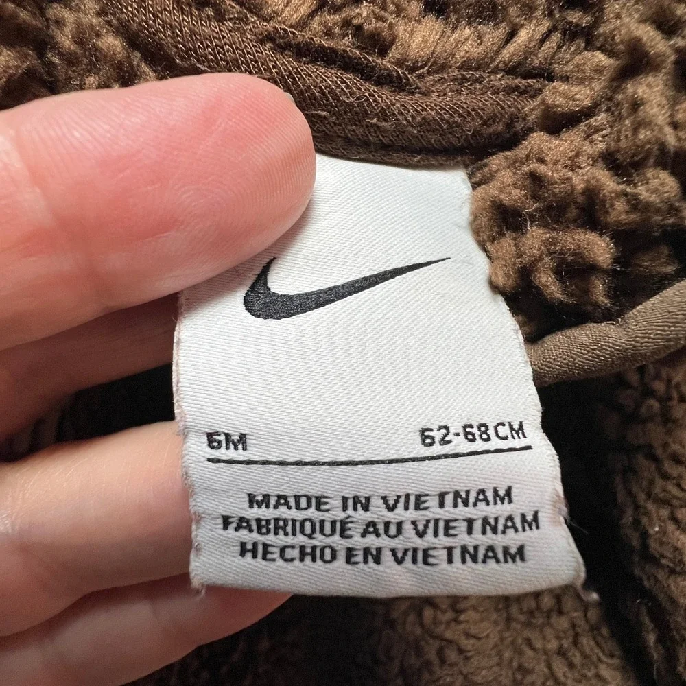 Nike Baby Sherpa Fleece Hooded Romper Brown 6M One Piece Bunting Zip Up